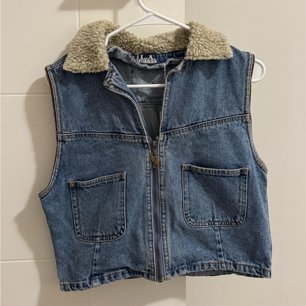 L.A. Blues Denim Vest with Cream Sherpa Collar